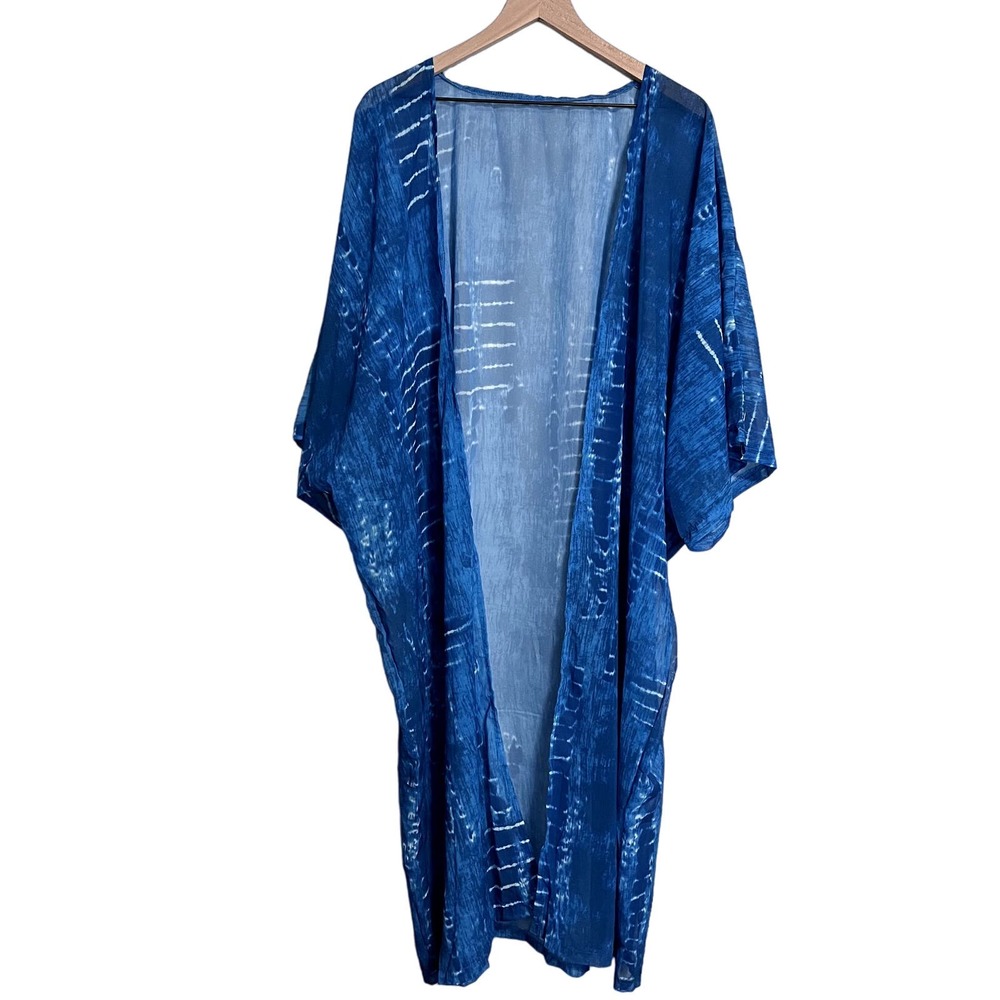 Blue Tie Dye Long Kimono Sleeve Swim Women's Coverup Boho Kaftan Cruise Wear - Picture 6 of 9
